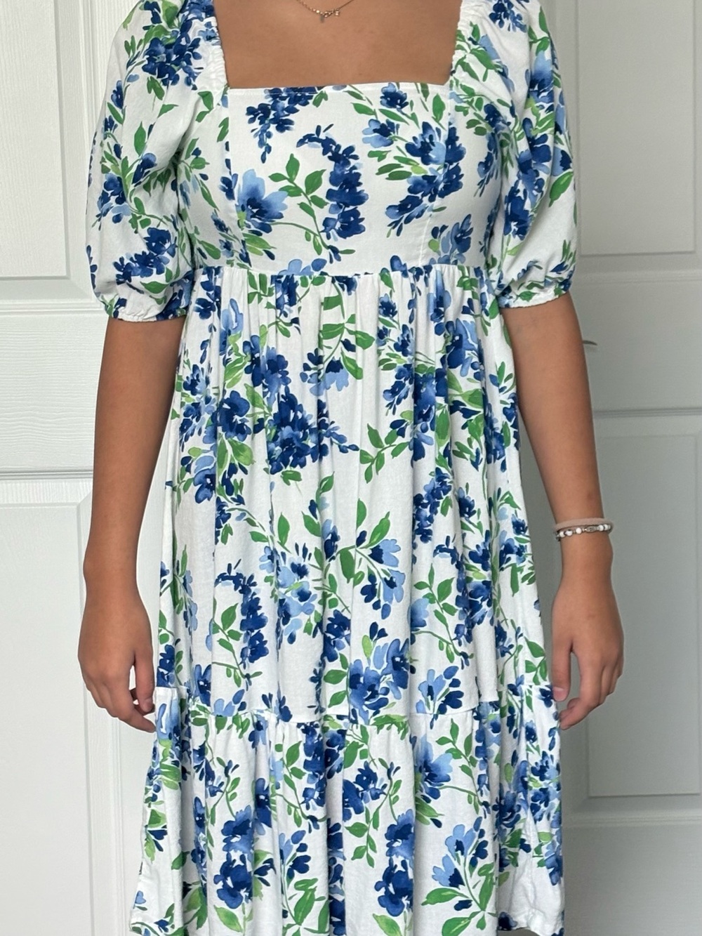 The Children's Place White Maxi Dress with Blue Floral & Green Leaves